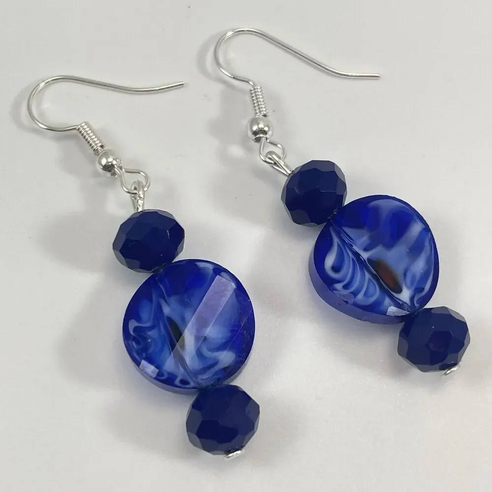 Artisan Hand Crafted Blue Glass Dangle Earrings Boho Silver Tone Beautiful